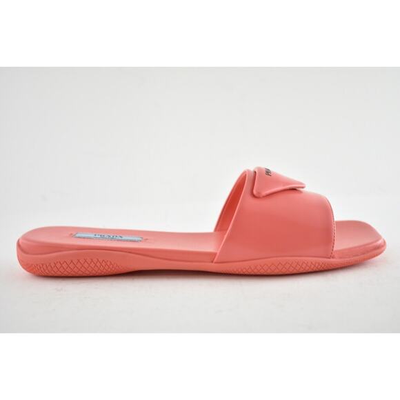 Prada Corallo Red Rubber Leather Triangle Logo Slide Sandal Flip Flop Flat 39.5 - Picture 3 of 12